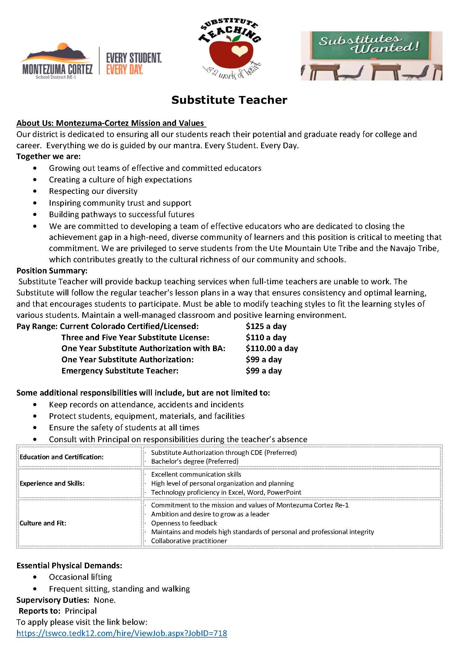 Details on the qualifications for applying to be a substitute teacher